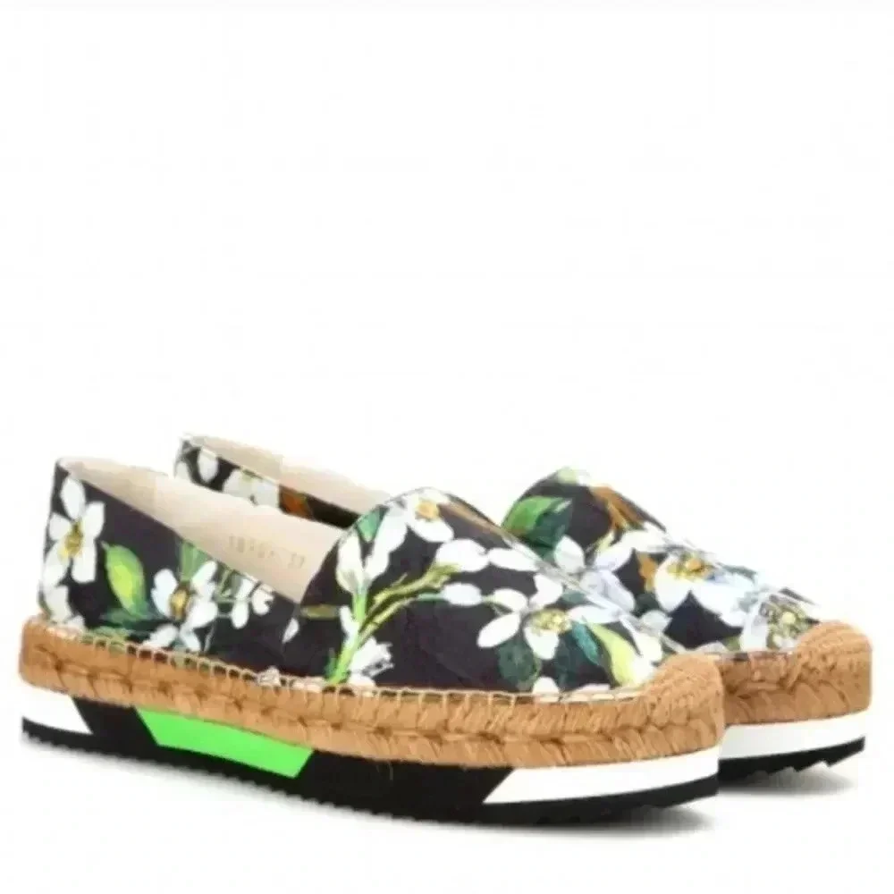 Dolce & Gabbana Multicolor Floral Print Brocade Fabric Espadrille Flats Size 37